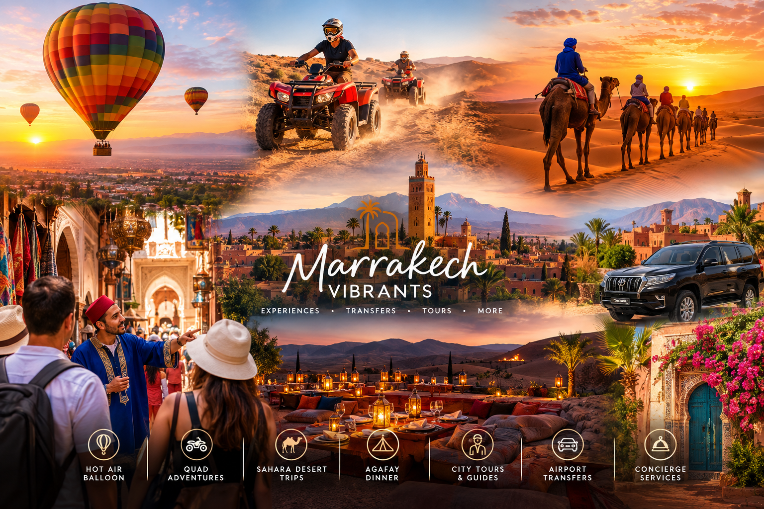 Marrakech Vibrants experiences collage featuring hot air balloons, quad biking, camel rides, city tours and transfers